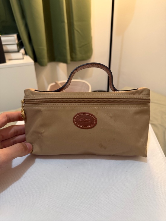 Longchamp Handbags - Longchamp Tan Nylon Mini Handle Pouch with Brown Leather Trim